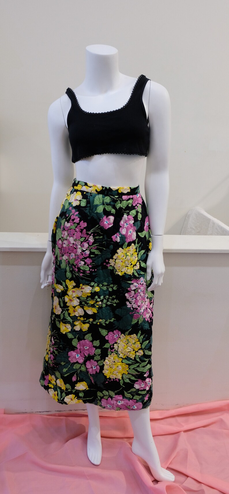 1970's Vintage Quilted Cotton Bright Floral Maxi Skirt-Modern Size 4 Waist 26Yellow, Green, Purple & Black Super Cute Hostess Party Wear image 1