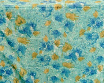 1950's vintage Blue Turquoise Olive  and White floating drawn flowers printed dress acetate fabric  3  yards 5" by 44" wide