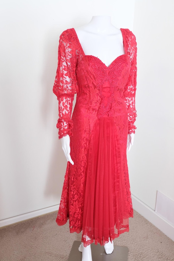 1980's Vintage Prom Dress Red Lace Full Puff Sleeve Princess Seamed Waistline Fitted Waist Not Quite Full Length Front Center Tuille Panel