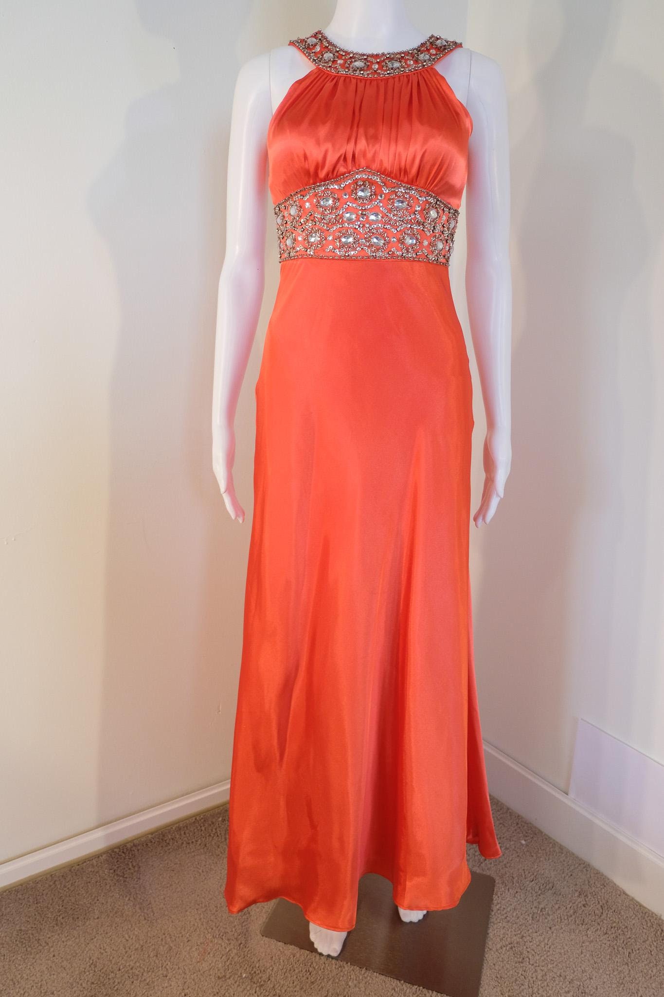 2000's Vintage Gown Orange Satin Bparkle Movie Star Column Style with Bedazzled Bodice Goddess Vibes Slender dramatic formal prom dress