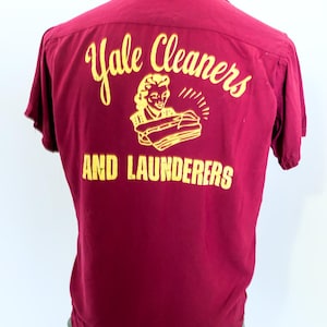 1950&#39;s Vintage Maroon and Golden Mens Rayon Bowling Shirt Sleeve Shirt M on Tag Yale Cleaners and Launders with a happy customer