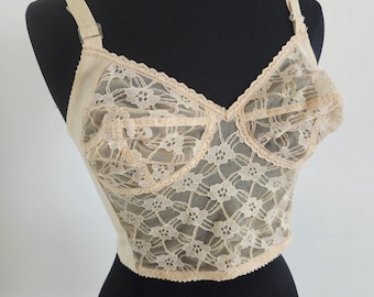1960's Vintage Sheer Lace Beige Brassiere Small