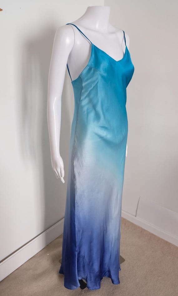 cache blue prom dress 2000's Vintage Turquoise Ombre Silk Gown size 8 on tag SMALL ( modern 4) Mccoy Cookie Jar Aunt Elegant Modest Color:As Photo(Green Ombre) skimming mermaid maxi skirt