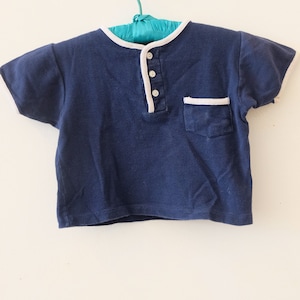 1960&#39;s Vintage Little Kids Navy Blue White Trim Mod Cotton Jersey Knit Short Sleeve Shirt with Front Buttons and Pocket-size XS Seaside top