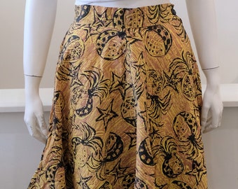 1950's Vintage Yelow Brown and Black Pineapple Print Novelty Bias Full Skirt Cotton Novelty Print Skirt   25" waist 25" length XS