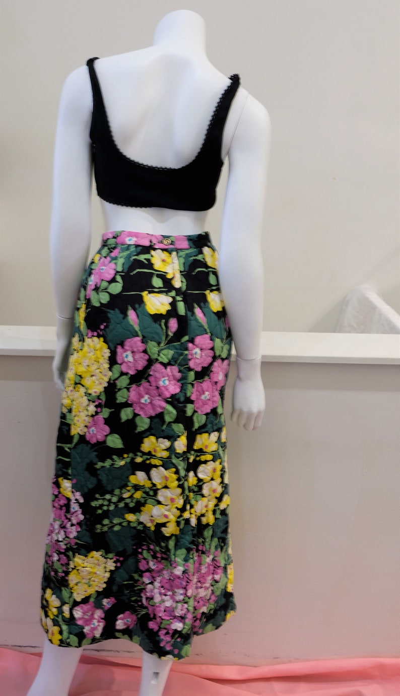 1970's Vintage Quilted Cotton Bright Floral Maxi Skirt-Modern Size 4 Waist 26Yellow, Green, Purple & Black Super Cute Hostess Party Wear image 2