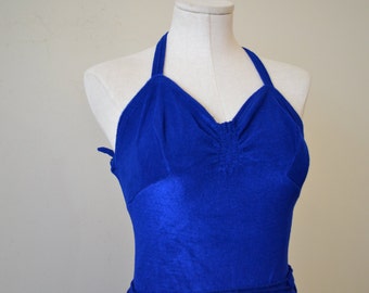 1940's Vintage Electric Blue Webfoot design Tie up 1 piece swimming suit - patented swim wear sexy open back and sides 34" 27" 38" hip 4 now