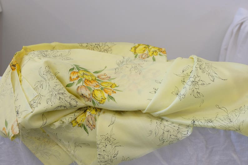 1950/'s Vintage Fresh Buttery Yellow Shiny Rayon w Orange Melon /& Green Floral Print Summer Weight Novelty Fabric 2 yards 17 by 44 wide