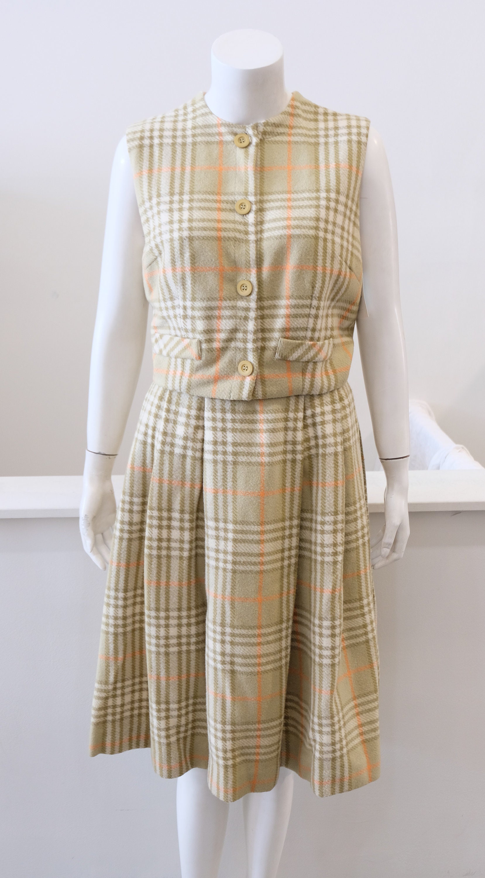 1960's Vintage Plaid Wool Two Piece Pleated Full Skirt and Fitted Vest Set Suit Plaid - ecru olive orange cream day wear coed 60's 25" waist