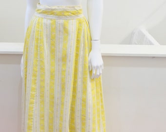 1970's Vintage Pretty Pink Yellow Calico Floral Flower Child Maxi Skirt-size 4-Pink, Green Floral on Yellow, White Stripes Very Little House