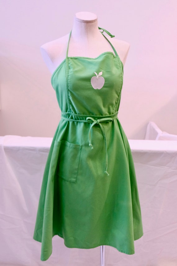 1980's Vintage Apple Green with Apple Applique Apron Dress Tie Halter Neck Great for Any Apple Genius Size 4-6
