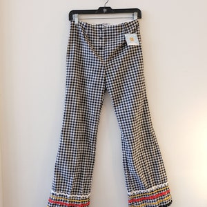 1970&#39;s Vintage Black and White Gingham Low Rise Cotton Bell Bottom Pants Button Front  Low Waisted-size 2 Perfect For An Outdoor Festival!