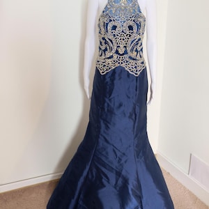 2000&#39;s Vintage Bedazzled Bodice Gown Blue with Keyhole Back Super Glamour Aspeed USA L Fishtail Skirt
