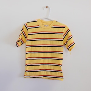 1950&#39;s Vintage Little Kids Mod Stripe Cotton Knit Long Sleeve Shirt w/ Rib Knit Collar & Cuffs in Yellow Brown Red size 8 Leave It To Beaver