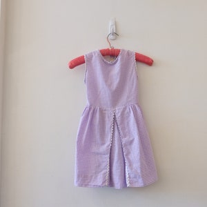 1960&#39;s Vintage Girls Cotton Purple White Gingham Fit Flare Summer Dress with White Rick Rack Trim Matching Gingham Belt size S Picnic Style