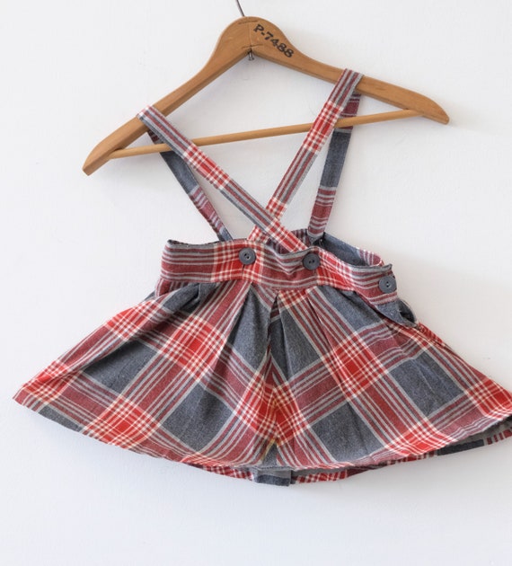 1950's Vintage Girls Plaid Grey Red Wool Pinafore… - image 1