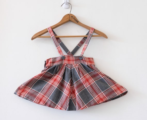 1950's Vintage Girls Plaid Grey Red Wool Pinafore… - image 9