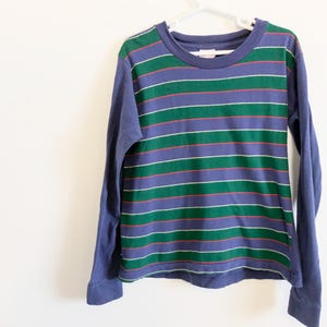 1960&#39;s Vintage Little Kids Mod Stripe Cotton Knit Long Sleeve T Shirt w/ Rib Knit Collar and Cuffs in Blue-size 12 fits over head