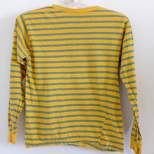 1960&#39;s Vintage Boys or Girls Mod Stripe Cotton Knit Long Sleeve T Shirt w/ Rib Knit Collar and Cuffs in Blue-Yellow size 14 Penney&#39;s