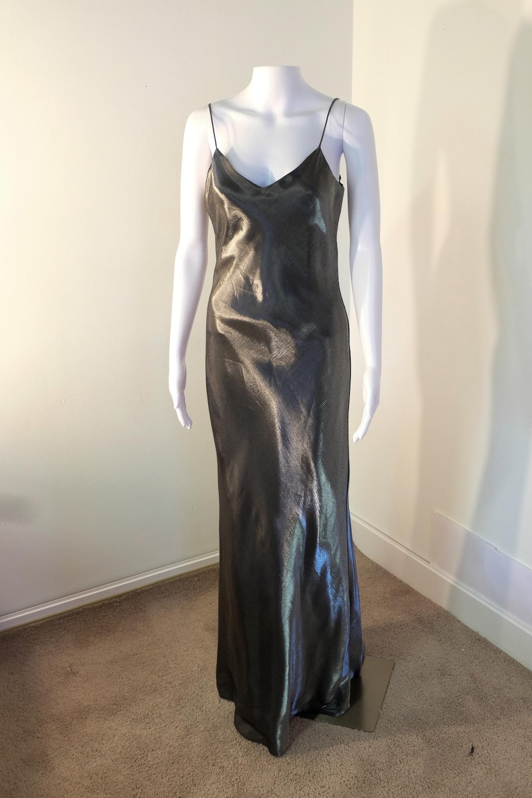 2000s satin dress 2000's Vintage Gown Silver Black Slip Starlet Style Shimmer Bias Cut Deep Crossover Back 30's Movie Star Vibes sale: Afterpay Day Aug 2026 FULL PRICE