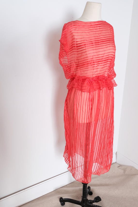 1970's vintage silky sheer see thru striped red dress… - Gem