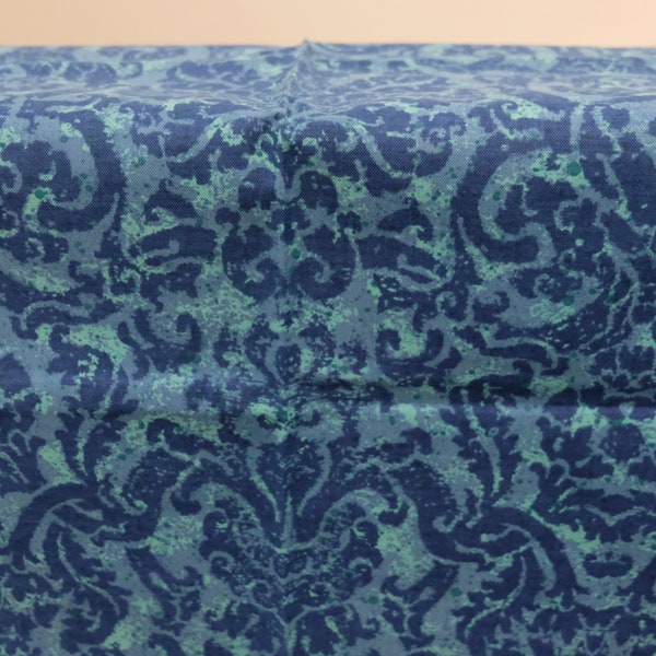 1960's Vintage Upholstery Weight Canvas Cotton Fabric large teal turquoise print 1 yard by 48" - Alluring & Vibrant Good for Tote or Pilllow