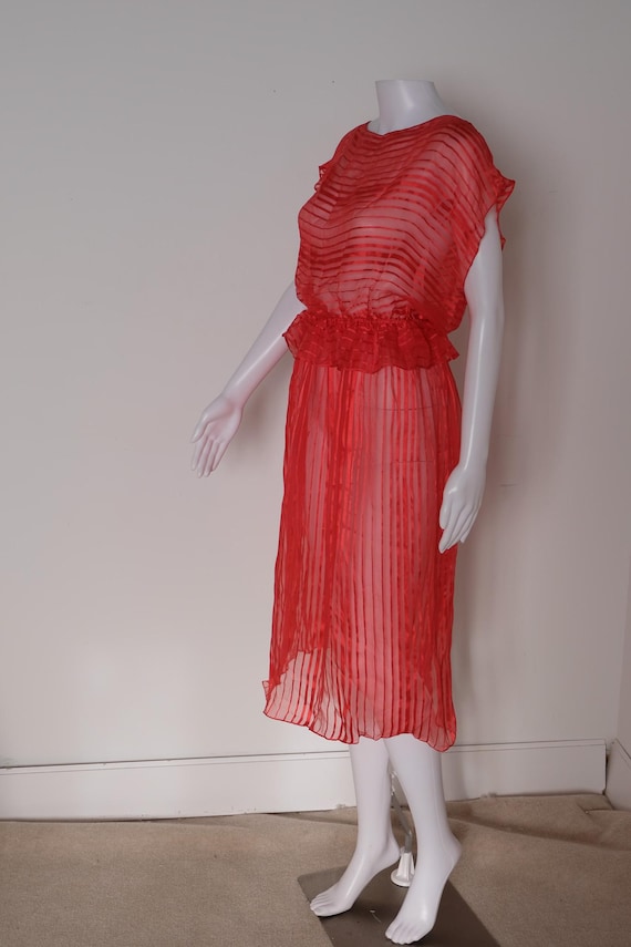 1970's vintage silky sheer see thru striped red dress… - Gem