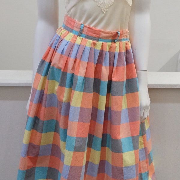 1950's Vintage Cotton Madras Vibrant Plaid Full Pleated Light T Length Skirt Belt Loops Pink Orange Yellow Green Blue 25" waist size XS