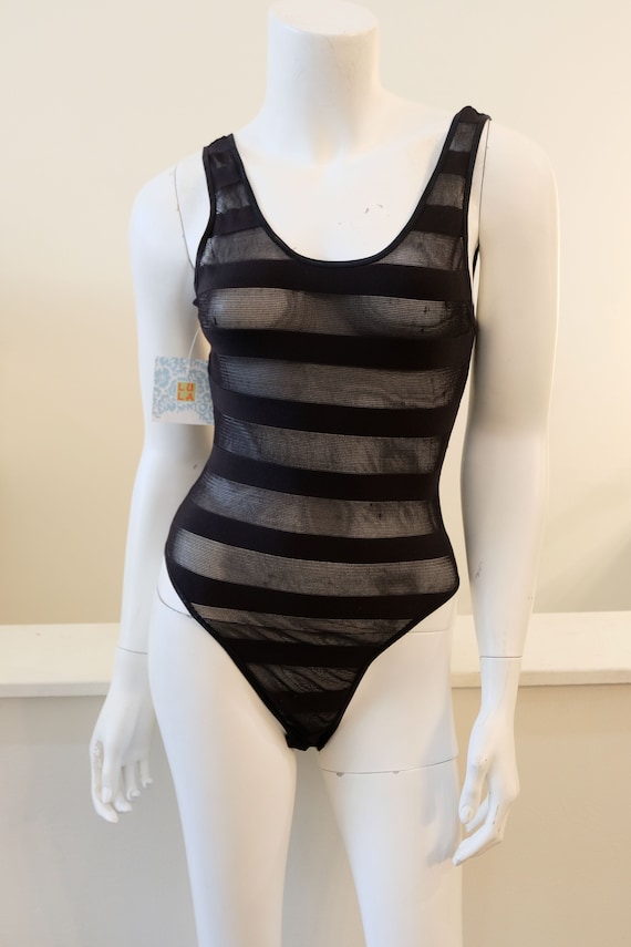 1990's Vintage Black Striped Sheer Mesh and Solid 