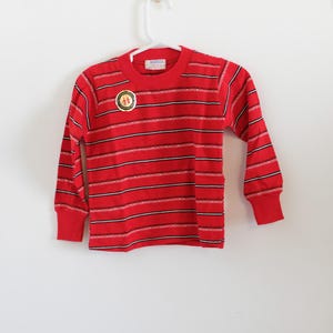 1950's Vintage Little Kids Mod Stripe Cotton Knit Long Sleeve T Shirt w/ Rib Knit Collar and Cuffs  Red-Black White size 4 Shirtees Orig Tag