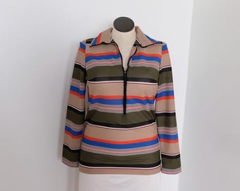 1970's vintage super cute Geometric striped knit zip front top jacket Collar Medium Very Scooter Mod Label: Stockton Vintage Top Pullover