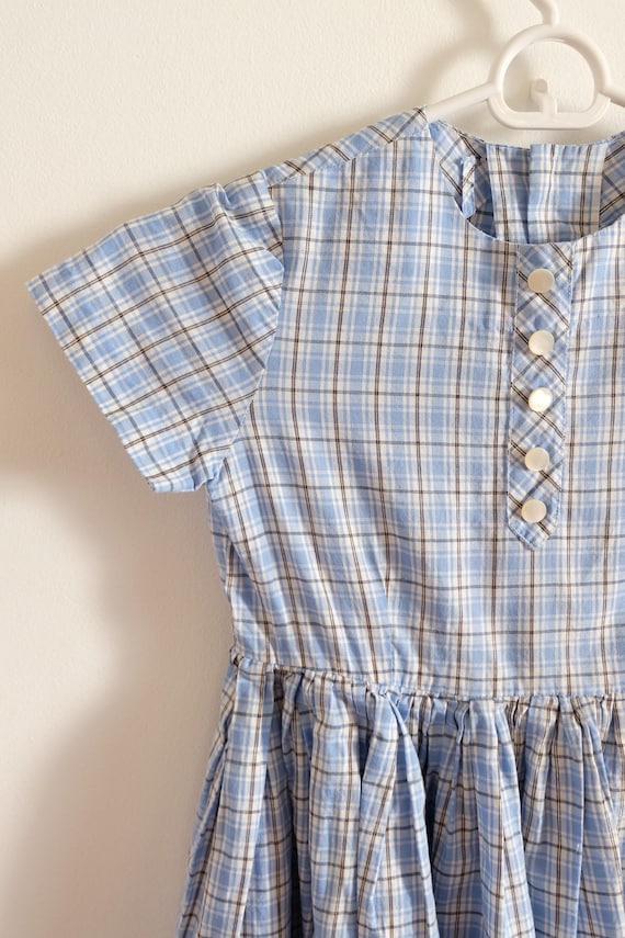 1960's Vintage Girls Blue White Plaid Cotton Fit and Flare Dress Girls 4 -5