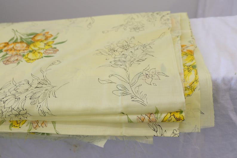 1950/'s Vintage Fresh Buttery Yellow Shiny Rayon w Orange Melon /& Green Floral Print Summer Weight Novelty Fabric 2 yards 17 by 44 wide