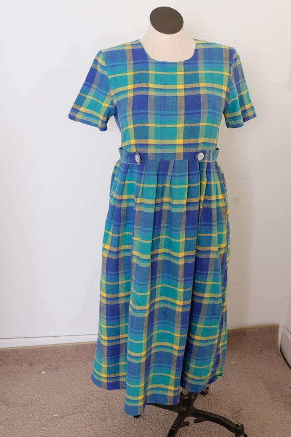1980's Vintage Madra Plaid Gauze Cotton Empire Waist Dress Blue Green Yellow Empire Waist Jumper Could Work As Maternity 8 - 10 1980's Vintage Madra Plaid Gauze Cotton Empire Waist Dress Blue Green Yellow Empire Waist Jumper Could Work As Maternity 8 - 10