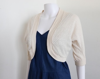 1950's Vintage ivory textured cotton shrug cardigan sweater small
