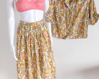 1950's Vintage Novelty Print Blouse & Full Skirt Light Airy Acetate Two Piece Set Butterflies, Numbers and Flowers Size 0 - 2