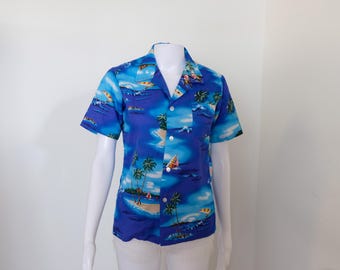 1970's Vintage Printed Bright Blue Nylon Hawaiian Shirt "Shoreline Hawaii" Tropical Sail Boats Palm Trees Womens XS / boys 14 Made in Hawaii