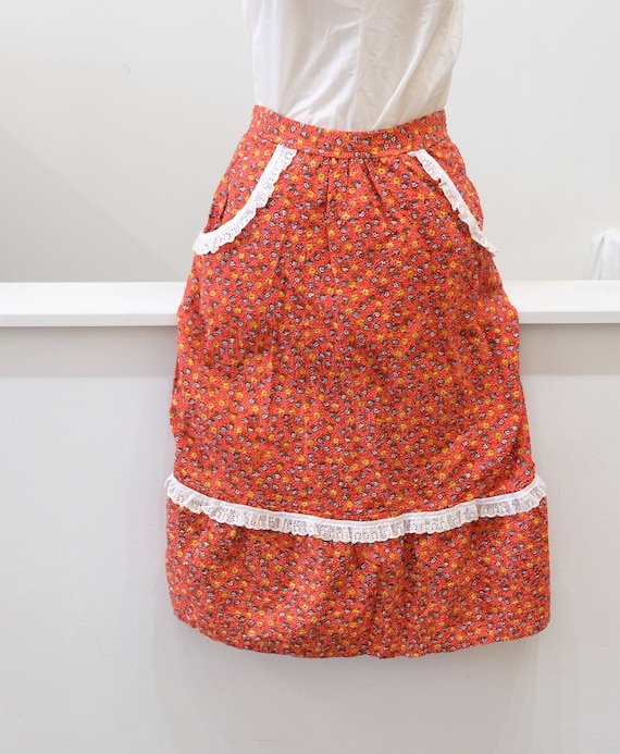 1970's Vintage Orange Red ColoRed Calico Skirt wit