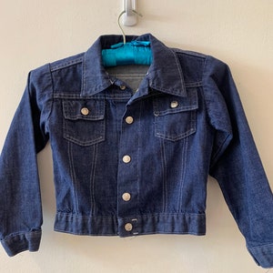 1960&#39;s Vintage Kids Denim Jacket Long Sleeves with Silver Metal Snaps White Top Stitching Front Pockets-size Medium