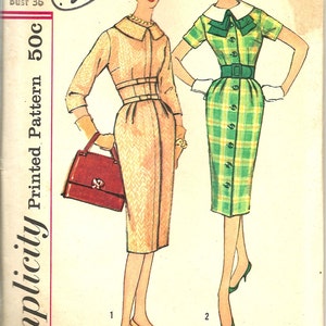 1950&#39;s Vintage Simplicity 3066 Dress Sewing Pattern  Size 16 36&quot; bust Uncut & Complete 1950&#39;s slim skirt pencil dress with detachable collar