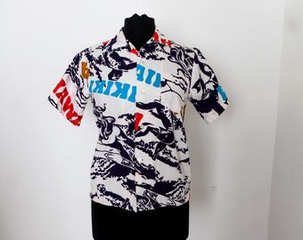 Vintage 60s Hawaiian Shirt: Bold Surf Print Cotton Aloha Shirt Boys 14 womens zero