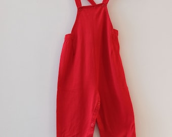1960's Vintage Baby Unisex Red Cotton Buster Brown Overalls Elastic Waist Adjustable Shoulder Straps-Modern size 12m very soft cotton jersey