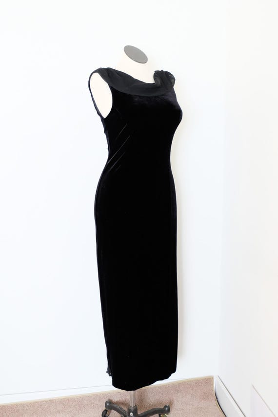2000's Vintage Simple Gown Black Velveteen Tank Dress Body Con Starlet Style Gown Formal Diva Chiffon Shoulder Cowl Very Elegant 2000's Vintage Simple Gown Black Velveteen Tank Dress Body Con Starlet Style Gown Formal Diva Chiffon Shoulder Cowl Very Elegant