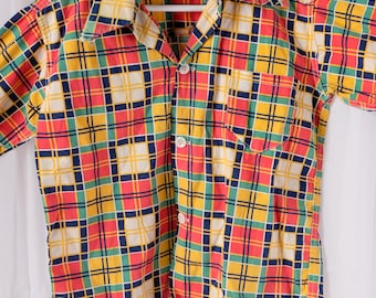 1940s Vintage Kids Cotton Shirt: Block Print Long Sleeve Top Size 10 Boys LABELAscot 10
