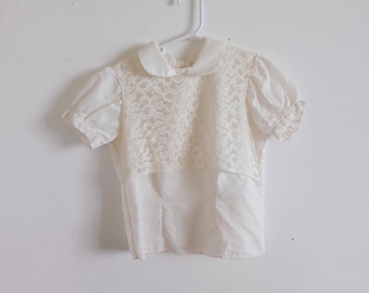 1960's Vintage Kids White Nylon Short Puff Sleeve Boho Shirt White Lace Overlay Peter Pan Collar Buttons in Back-size M