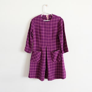 1960&#39;s Vintage Girls Mod Box Plaid Print Dress Purple and Pink girls size 12 Little Cute Groovy Party Go Go Dress
