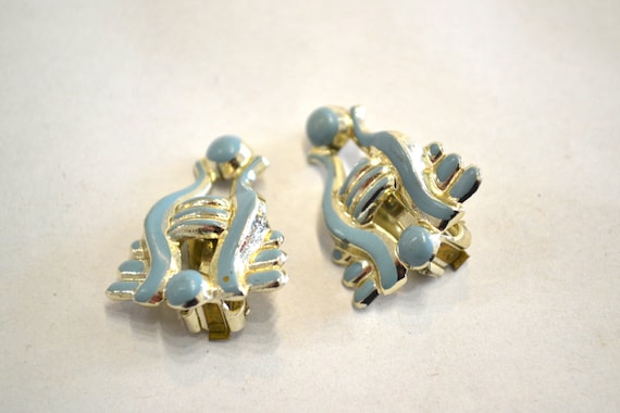 1950's Vintage Gold and Sky Blue Enamel Clip On E… - image 1