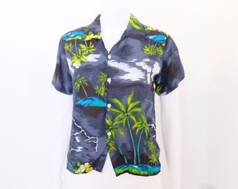1980's Vintage Printed Bright Ocean Blue Rayon Hawaiian Shirt Boys XL "Banana Split Yellow Black Blue Tropical Clouds Palm Trees Womens XXS