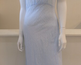 1940's Vintage Light Blue Seersucker Cotton With Eyelit Lace Detailed Neckline Night Dress SIze 2 now Bias Cut Rucher Bodice Cap Sleeve