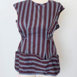 1950&#39;s Vintage Cotton Cooking Kitchen Striped Smock Apron Top with 4 Large Pockets Dark Burgundy Mustard Yellow & Steel Blue Stripe Tie Back